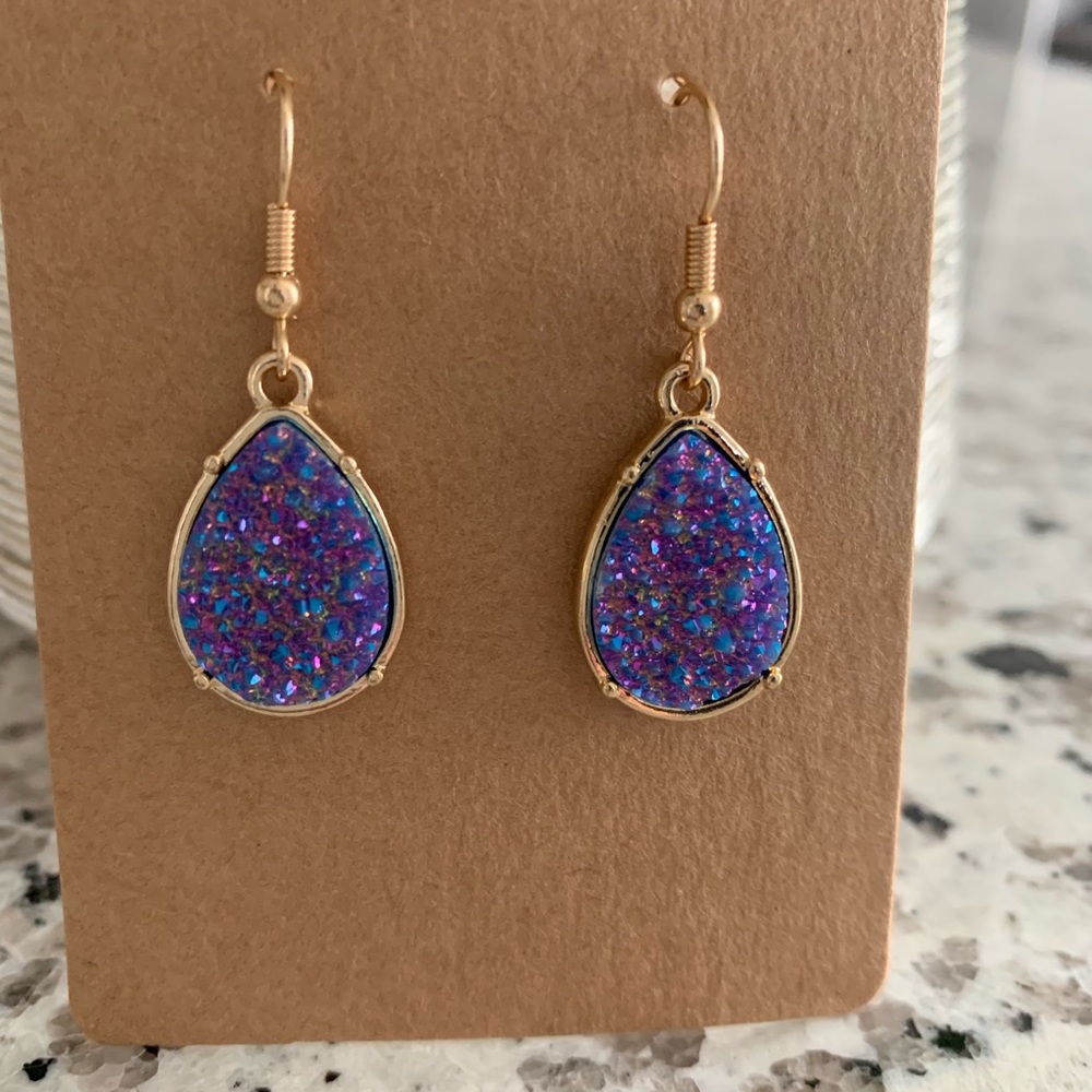 Purple Druzy Tear Drop Dangle Earrings - Picture 5 of 6